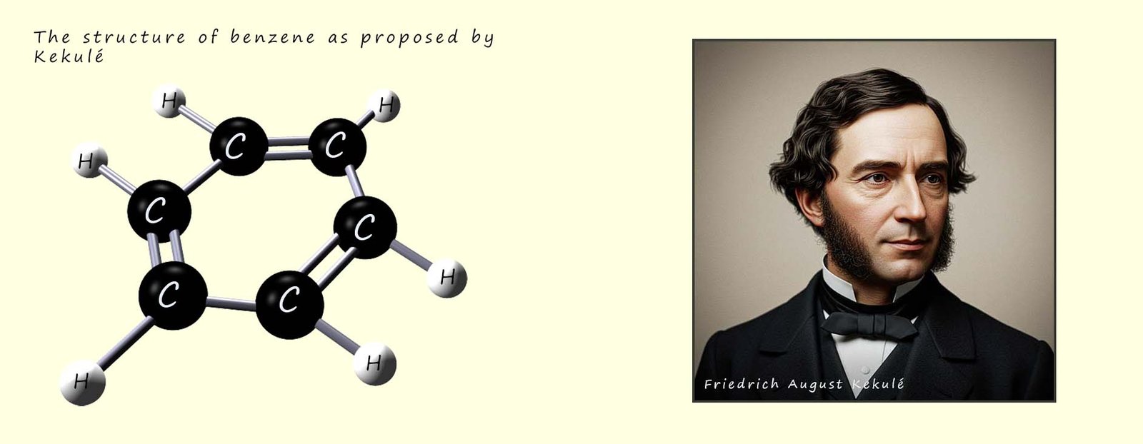 benzene structure as proposed by Kekulé and an image to show a portrailt of Kekulé 